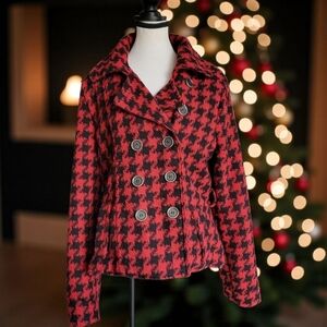 Rue 21 Red and Black Dark Academia Houndstooth Women's Cropped Peacoat Size XL